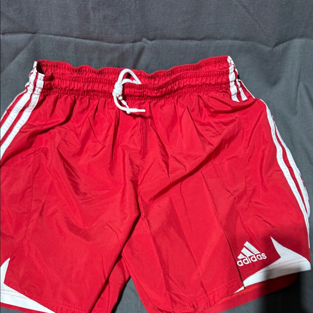 Adidas Men's Red Athletic Shorts with White Stripes